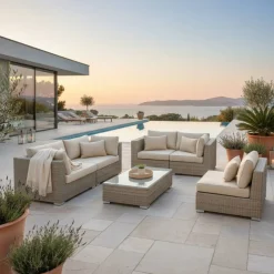 Salotto da giardino in resina intrecciata 5 posti 6 pezzi Palma Grigio e beige