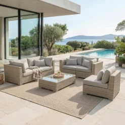 Salotto da giardino in resina intrecciata 5 posti 6 pezzi Palma Grigio e tortora