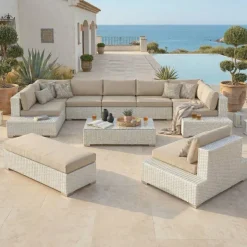 Salotto da giardino in resina intrecciata 9 posti 9 pezzi Palma Bianco e beige