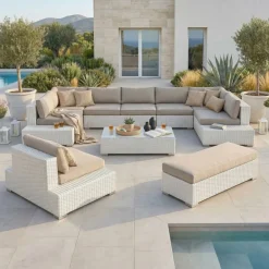 Salotto da giardino in resina intrecciata 9 posti 9 pezzi Palma Bianco e tortora