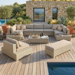 Salotto da giardino in resina intrecciata 9 posti 9 pezzi Palma Grigio e tortora