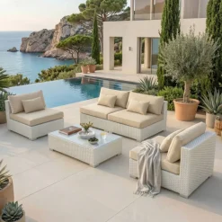 Salotto da giardino in resina intrecciata 4 posti 4 pezzi Palma Bianco e beige