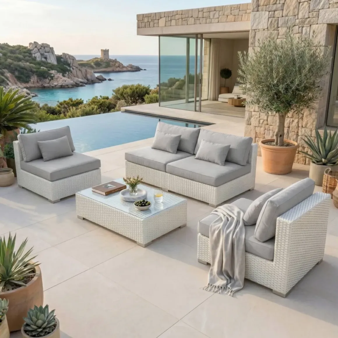 Salotto da giardino in resina intrecciata 4 posti 4 pezzi Palma Bianco e grigio