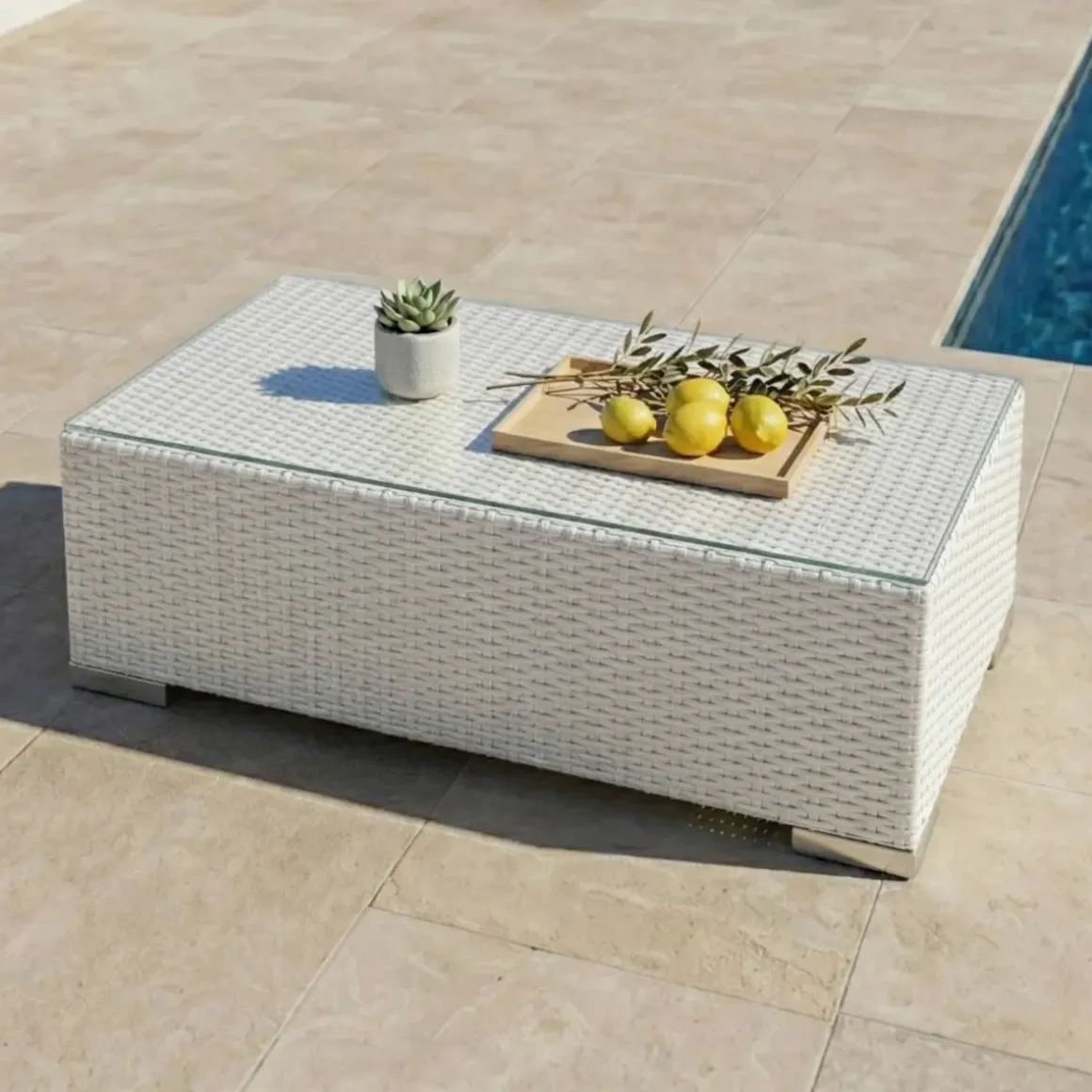 Salotto da giardino in resina intrecciata 4 posti 4 pezzi Palma Bianco e grigio