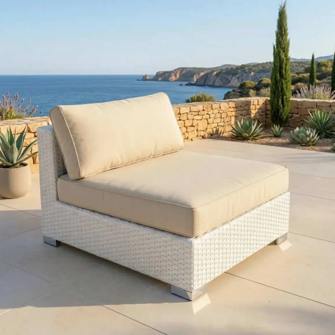 Salotto da giardino in resina intrecciata 4 posti 5 pezzi Palma Bianco e beige