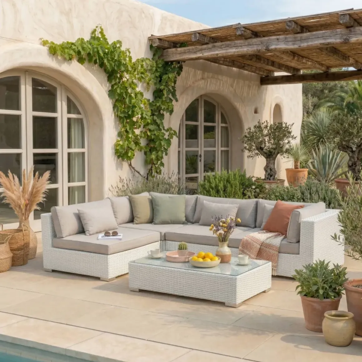 Salotto da giardino in resina intrecciata 4 posti 5 pezzi Palma Bianco e tortora
