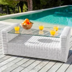 Salotto da giardino in resina intrecciata 5 posti 4 pezzi Calvi Bianco e grigio chiaro