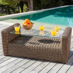 Salotto da giardino in resina intrecciata 4 posti 4 pezzi Calvi Seppia e beige