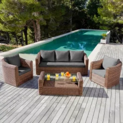 MOBELLIA Salotto Da Giardino-Salotto da giardino in resina intrecciata 5 posti 4 pezzi Calvi Seppia e grigio scuro