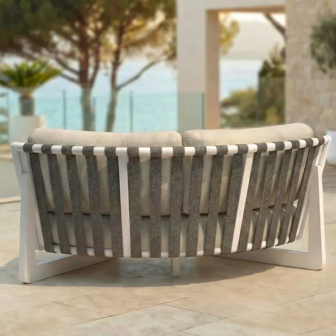 Set angolare da giardino in alluminio 6 posti Long Beach Bianco cenere e beige