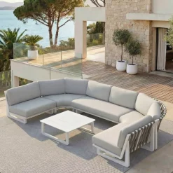 Set angolare da giardino in alluminio 6 posti Long Beach Bianco cenere e grigio chiaro