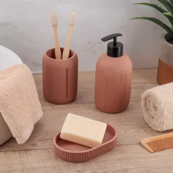TENDANCE Accessori Bagno-Set bicchiere distributore e porta sapone in resina Minimalist geometrico cipria