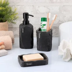 TENDANCE Accessori Bagno-Set bicchiere distributore e porta sapone in poliresina effetto pietra Paola