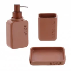 TENDANCE Accessori Bagno-Set bicchiere distributore e porta sapone in poliresina incisa Sia mocha