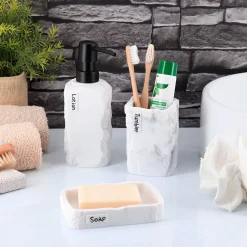 TENDANCE Accessori Bagno-Set bicchiere, portasapone e distributore di sapone in poliresina effetto marmo Paola