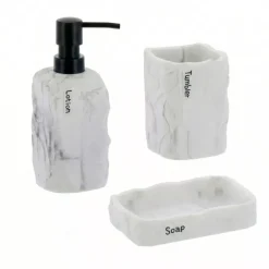 TENDANCE Accessori Bagno-Set bicchiere, portasapone e distributore di sapone in poliresina effetto marmo Paola