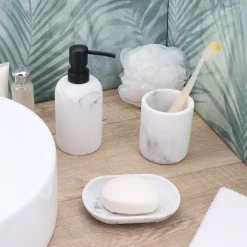 TENDANCE Accessori Bagno-Set bicchiere, portasapone e distributore di sapone in poliresina effetto marmo Séma