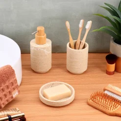 TENDANCE Accessori Bagno-Set bicchiere, portasapone e distributore in poliresina effetto travertino Lina