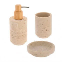 TENDANCE Accessori Bagno-Set bicchiere, portasapone e distributore in poliresina effetto travertino Lina