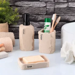 TENDANCE Accessori Bagno-Set bicchiere portaspazzolino e distributore in poliresina effetto pietra Paola