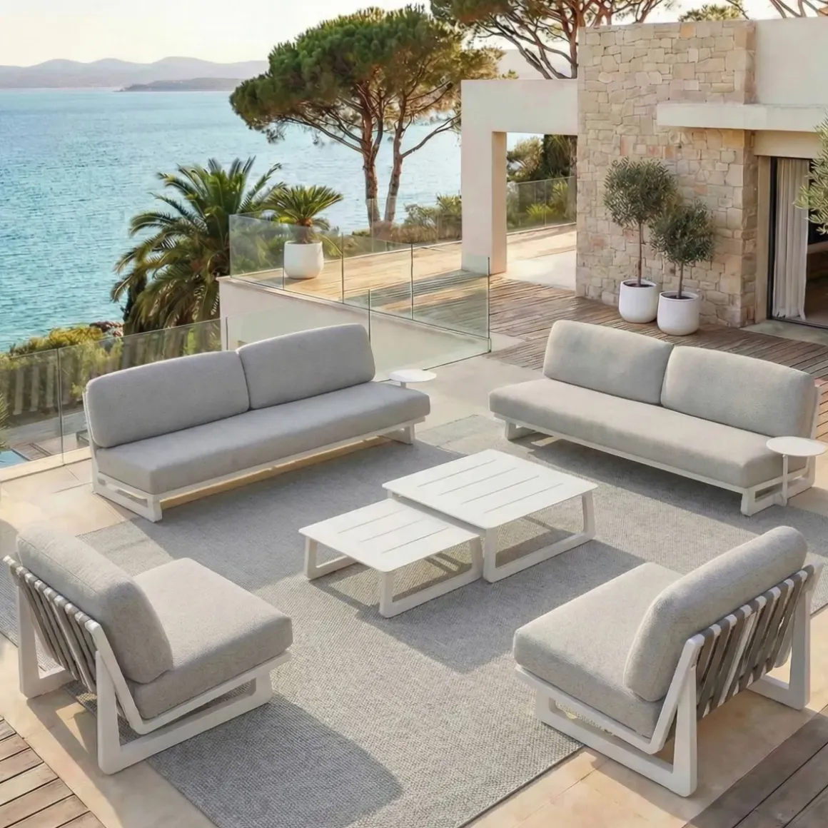 Set da giardino in alluminio 8 posti 6 pezzi Long Beach Bianco cenere e grigio chiaro
