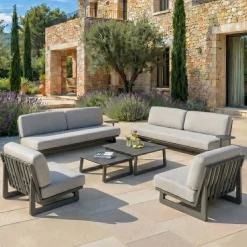 MOBELLIA Salotto Da Giardino-Set da giardino in alluminio 8 posti 6 pezzi Long Beach Grigio antracite e grigio chiaro