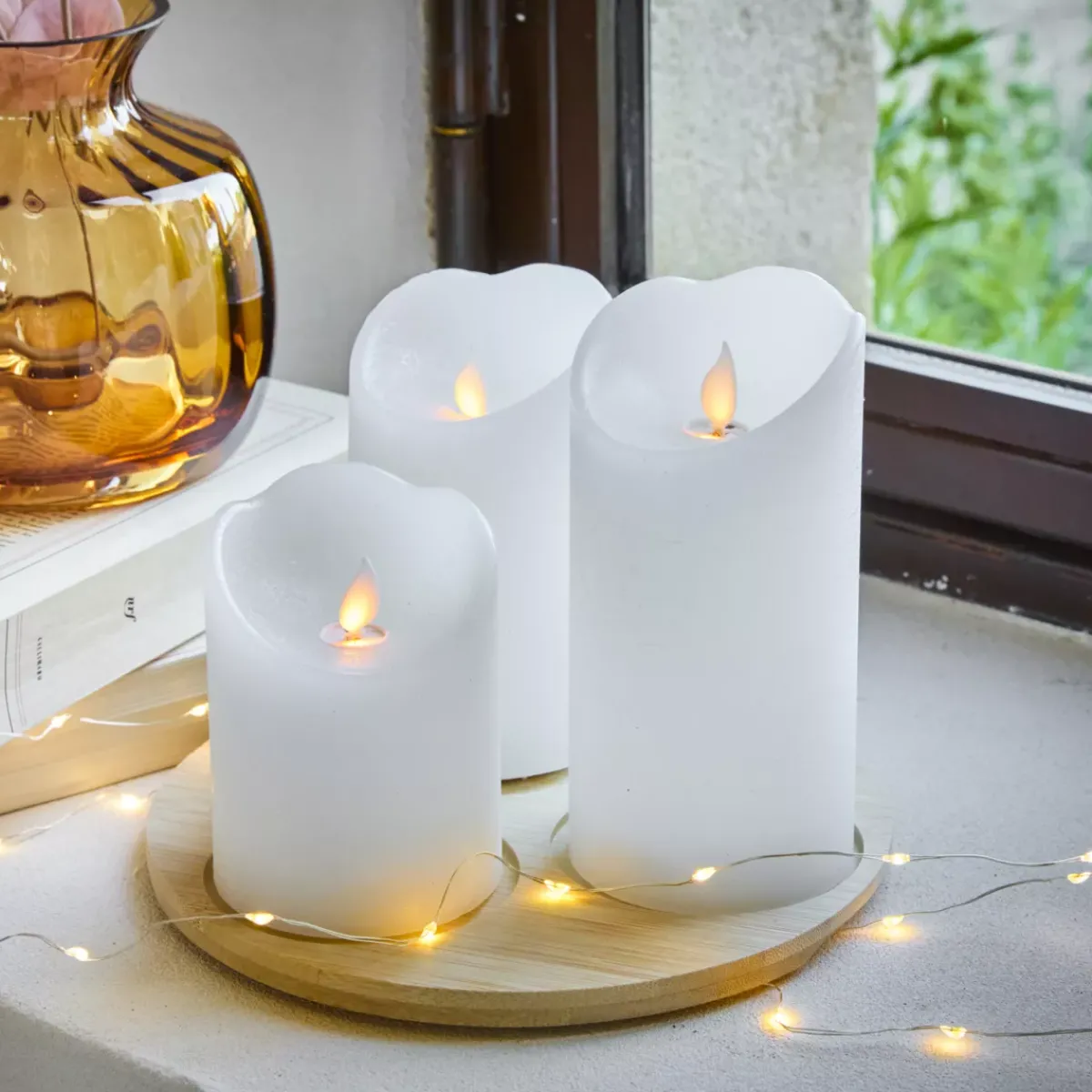 KAEMINGK Candele Natalizie-Set di 3 candele LED tremolanti (D7,5 cm) Cera naturale