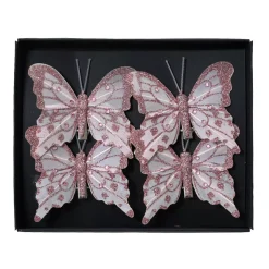 KAEMINGK Addobbi Natalizi-Set di 4 farfalle su pinza (H8 cm) in mini perline e rosso cipria