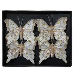 KAEMINGK Addobbi Natalizi-Set di 4 Farfalle su pinza (H8 cm) Scintillii e perle dorate