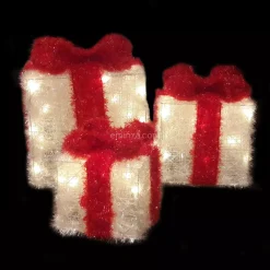 EMINZA Oggetti Decorativi E Illuminati|Decorazioni E Oggetti Natalizi-Set di 3 pacchi regalo nastro rosso a pile con luci 65 LED