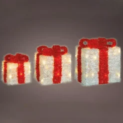 EMINZA Oggetti Decorativi E Illuminati|Decorazioni E Oggetti Natalizi-Set di 3 pacchi regalo nastro rosso a pile con luci 65 LED