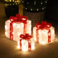 EMINZA Oggetti Decorativi E Illuminati|Decorazioni E Oggetti Natalizi-Set di 3 pacchi regalo nastro rosso a pile con luci 65 LED