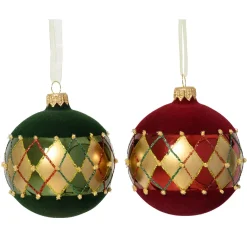 KAEMINGK Palline Di Natale-Set di 6 palline di Natale in vetro (D80 mm) Quadretti di velluto Bordeaux e verde abete