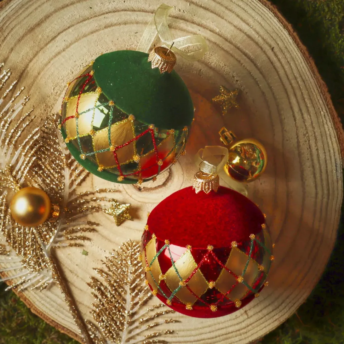 KAEMINGK Palline Di Natale-Set di 6 palline di Natale in vetro (D80 mm) Quadretti di velluto Bordeaux e verde abete