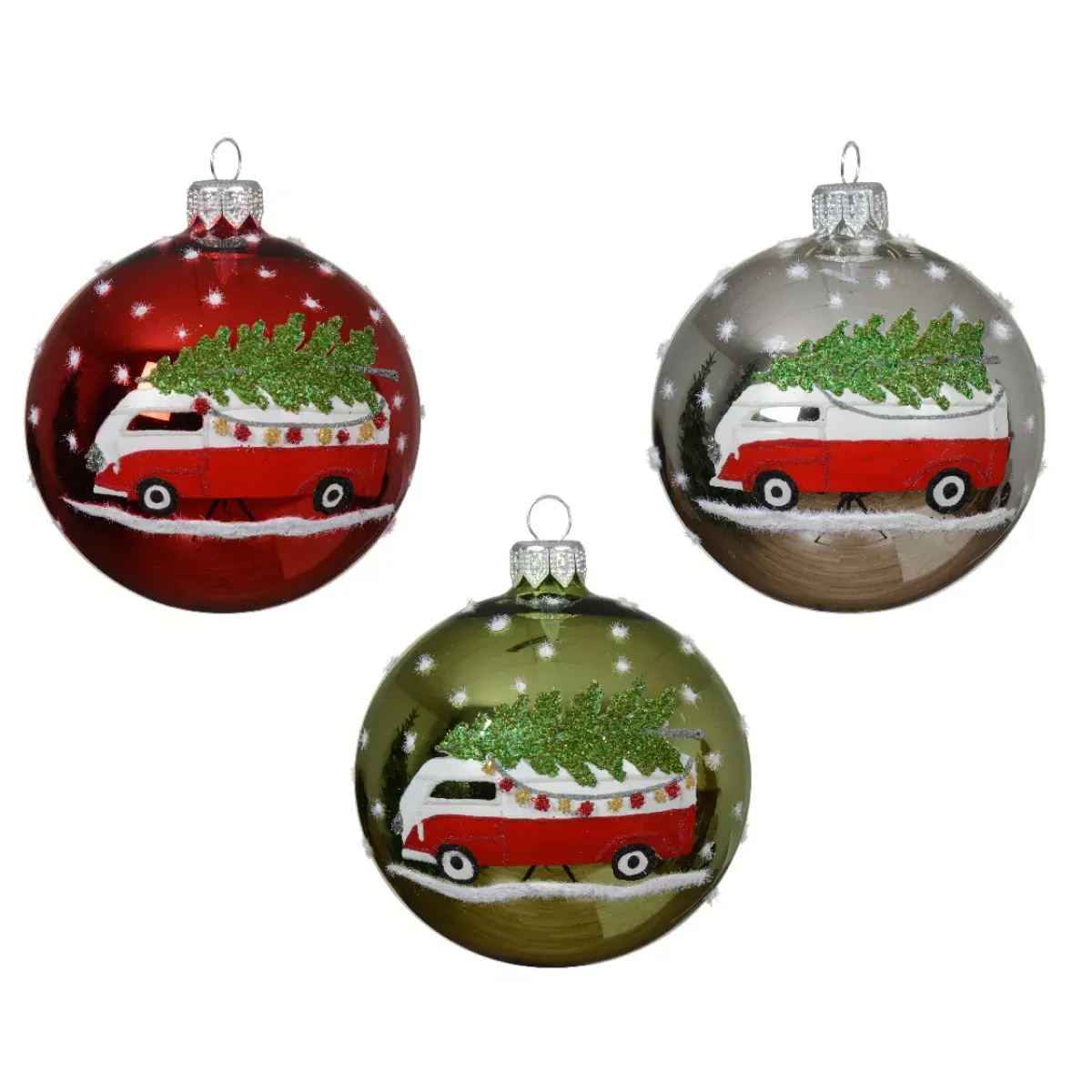 KAEMINGK Palline Di Natale-Set di 6 palline di Natale in vetro (D80 mm) Mini bus e Alberi di Natale