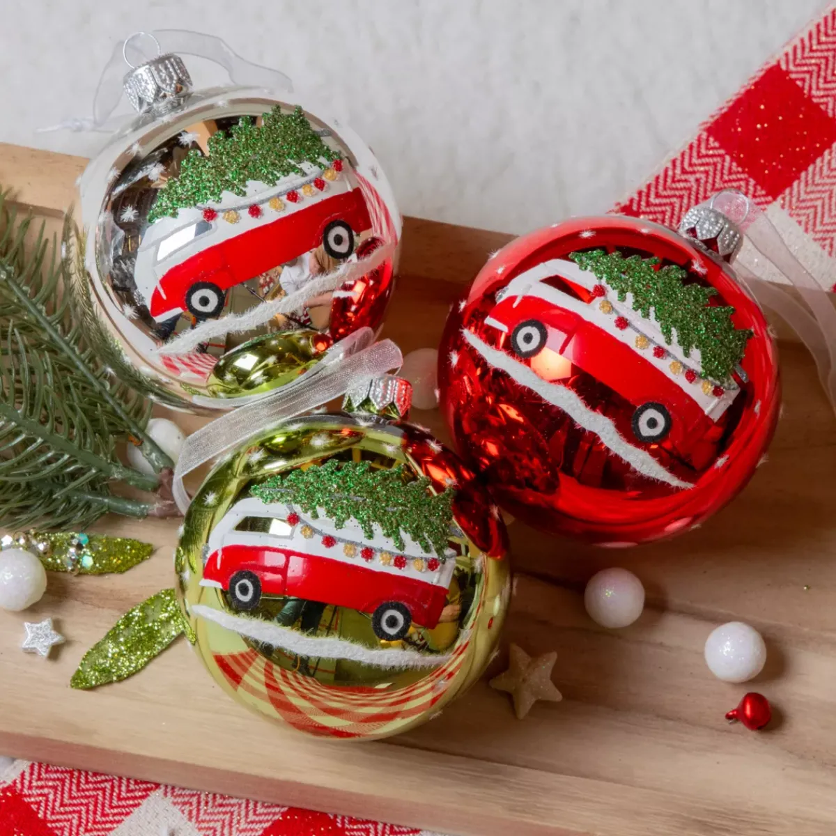 KAEMINGK Palline Di Natale-Set di 6 palline di Natale in vetro (D80 mm) Mini bus e Alberi di Natale
