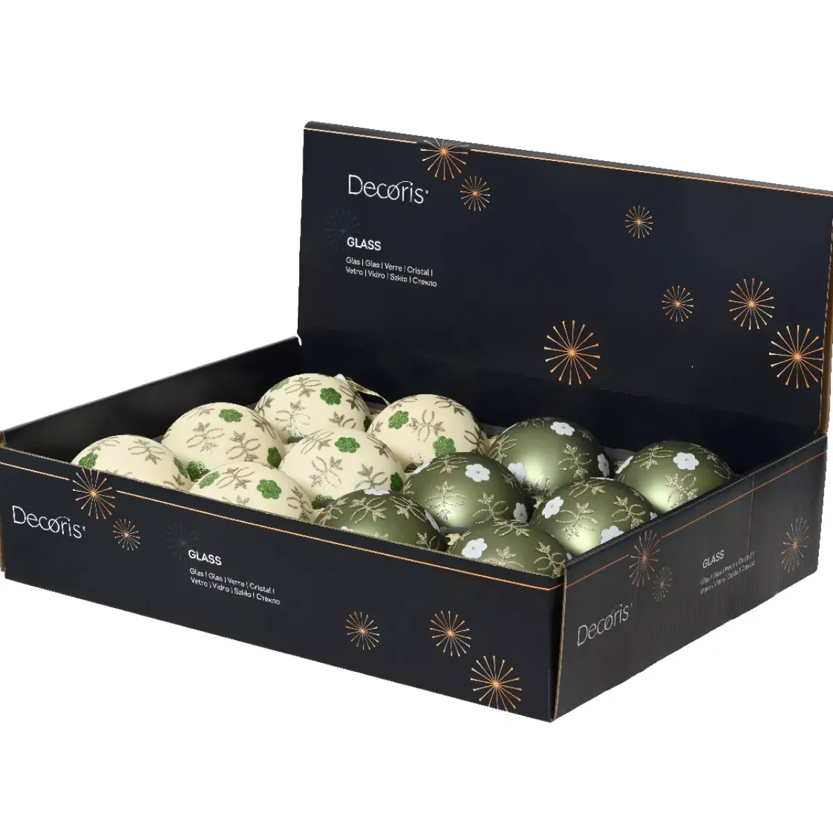 KAEMINGK Palline Di Natale-Set di 12 palline di Natale in vetro (D80 mm) Fiori Natura e bianco