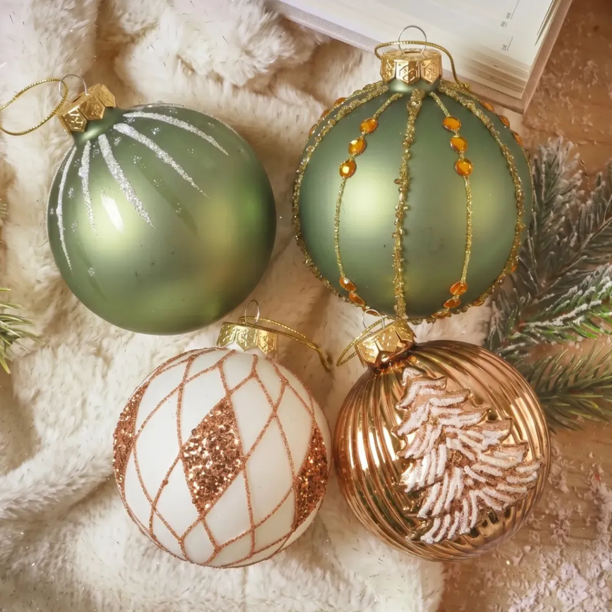 KAEMINGK Palline Di Natale-Set di 12 palline di Natale in vetro (D80 mm) Shine Glam Cognac e Verde