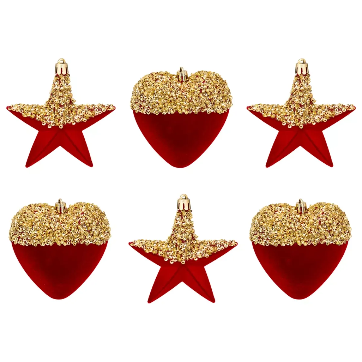 JJA Addobbi Natalizi-Set di 6 pendenti (H15 cm) Cuori e stelle con paillettes Rosso e