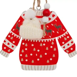JJA Addobbi Natalizi-Set di 2 pendenti in legno (H12 cm) Maglione di Natale e bianco