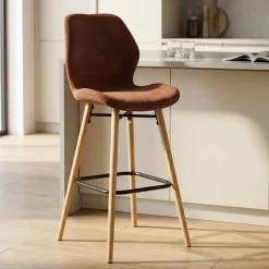 Sgabello Alto-Set di 2 sedie per isola centrale con schienale in tessuto (Altezza seduta 65cm) Malika Mogano