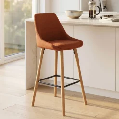 Sgabello Alto-Set di 2 sedie per isola centrale con schienale in tessuto (Altezza seduta 67cm) Juno gambe in rovere