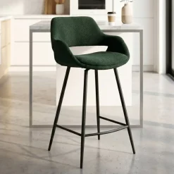 Sgabello Alto-Set di 2 sedie per isola centrale con schienale in bouclé (seduta 65cm) Soho Verde pino