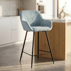 Sgabello Alto-Set di 2 sedie per isola centrale con schienale in tessuto chenille (Altezza seduta 65cm) Zola celadon