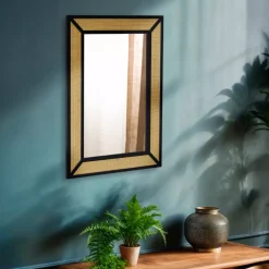 EMINZA Specchi|Accessori Bagno-Specchio da parete in metallo (Alt 101 cm) Rattan intrecciato Naturale e