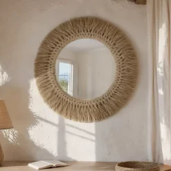 EMINZA Specchi-Specchio da parete rotondo in fibre naturali (D50 cm) Makira Beige