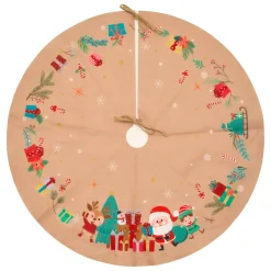 JJA Accessori Per Albero Di Natale-Tappeto per albero di Natale in juta (D90 cm) Elfo e Babbo Natale Multicolore