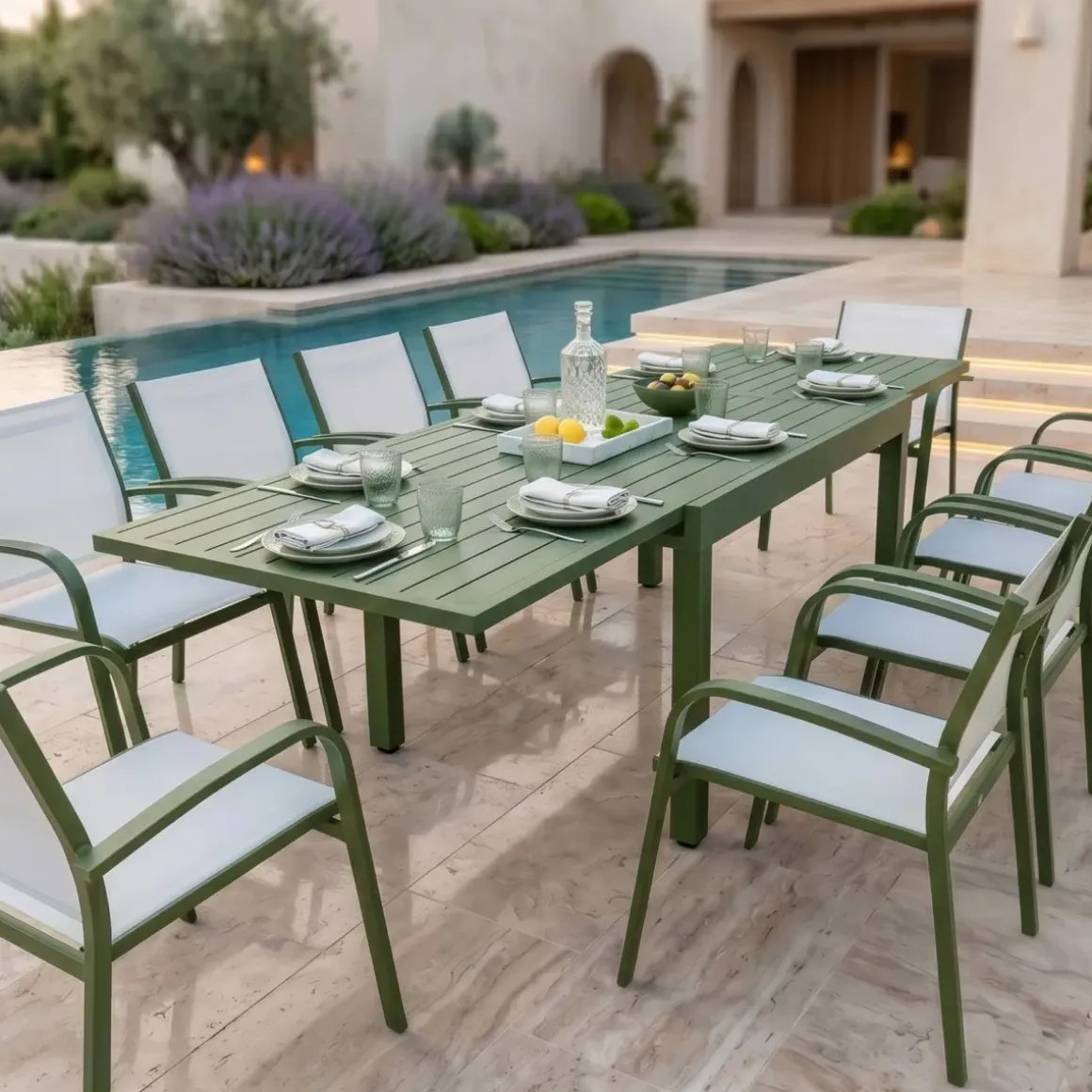 Tavolo da giardino allungabile in alluminio 10 posti (135/270 x 90 cm) Murano Verde oliva