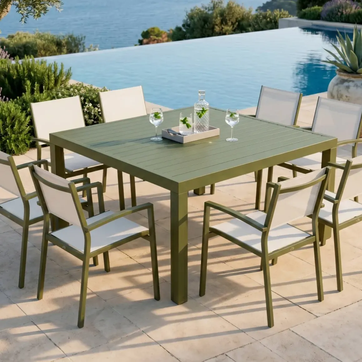 Tavolo da giardino quadrato in alluminio 8 posti (136 x 136 cm) Murano Verde oliva