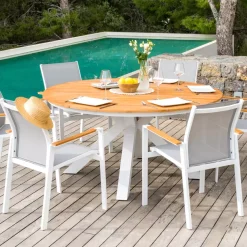 Tavolo da giardino rotondo 6 posti Alluminio/Teck (Ø140 cm) Bali Bianco